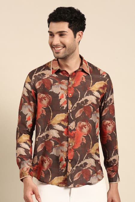 Mayank Modi - Men Red Muslin Floral Abstract Print Cuff Sleeve Shirt Online at Aza Fashions Mayank Modi - Men_Red Muslin Floral Abstract Print Cuff Sleeve Shirt_Online_at_Aza_Fashions