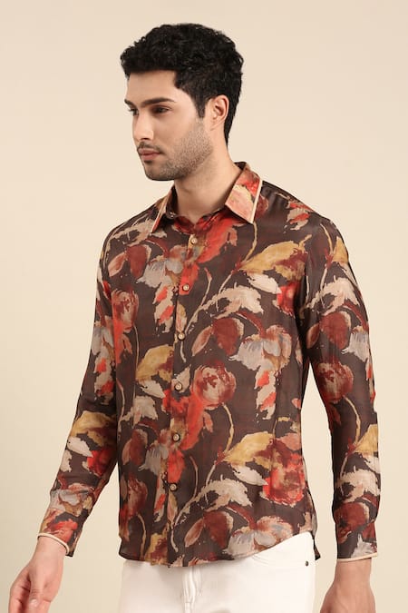 Shop Mayank Modi - Men Red Muslin Floral Abstract Print Cuff Sleeve Shirt Online at Aza Fashions Shop_Mayank Modi - Men_Red Muslin Floral Abstract Print Cuff Sleeve Shirt_Online_at_Aza_Fashions