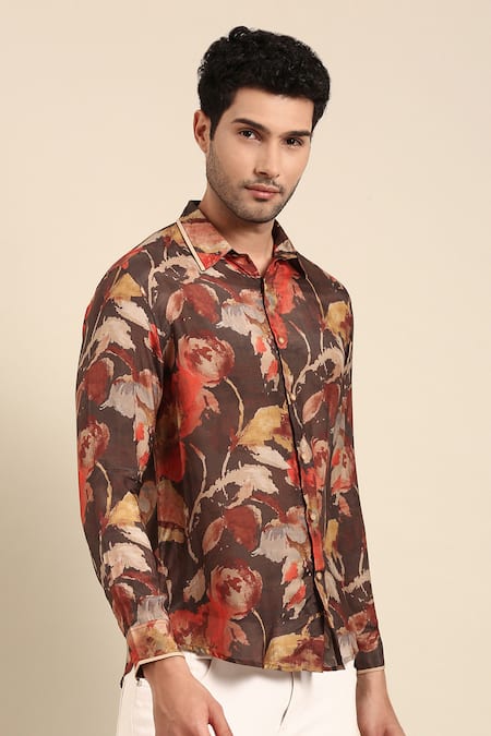 Mayank Modi - Men Red Muslin Floral Abstract Print Cuff Sleeve Shirt at Aza Fashions Mayank Modi - Men_Red Muslin Floral Abstract Print Cuff Sleeve Shirt_at_Aza_Fashions