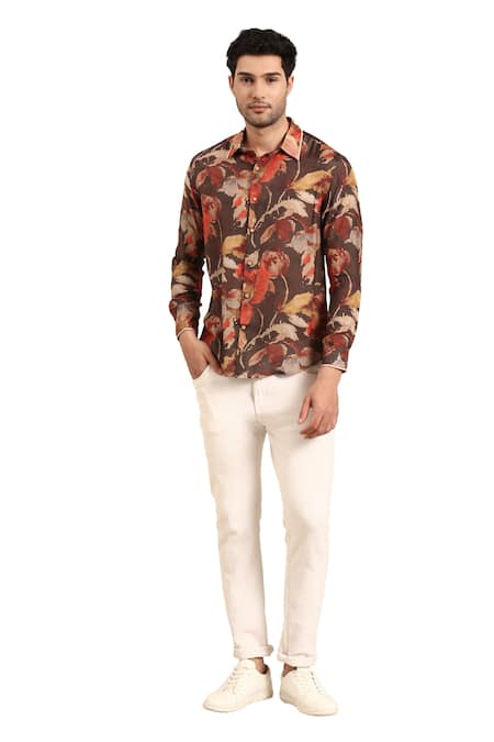 Buy Mayank Modi - Men Red Muslin Floral Abstract Print Cuff Sleeve Shirt Buy_Mayank Modi - Men_Red Muslin Floral Abstract Print Cuff Sleeve Shirt