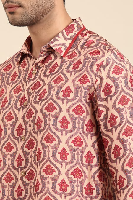 Buy_Mayank Modi - Men_Peach Muslin Mughal Floral Print Front Placket Shirt For Kids_Online_at_Aza_Fashions