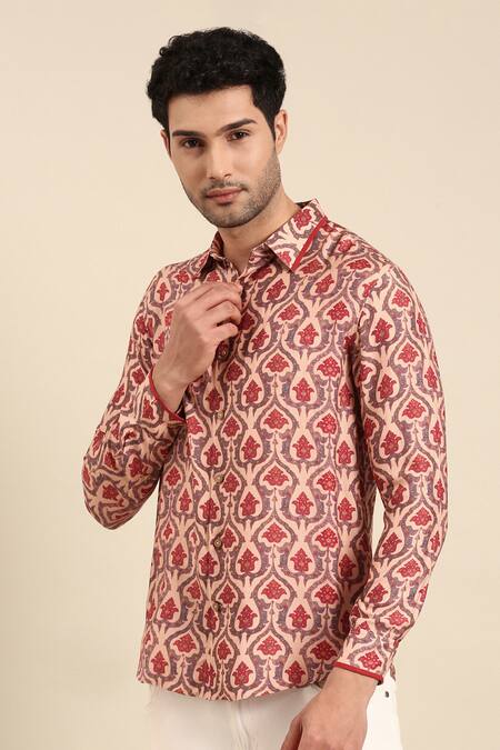 Shop_Mayank Modi - Men_Peach Muslin Mughal Floral Print Front Placket Shirt For Kids_Online_at_Aza_Fashions