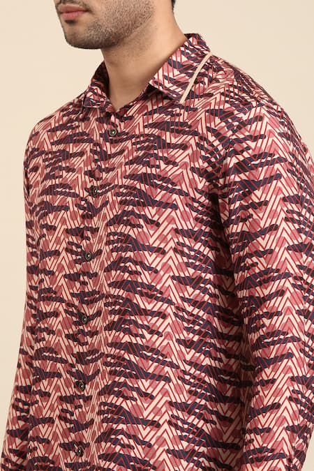 Buy_Mayank Modi - Men_Red Muslin Chevron Print Front Placket Shirt _Online_at_Aza_Fashions