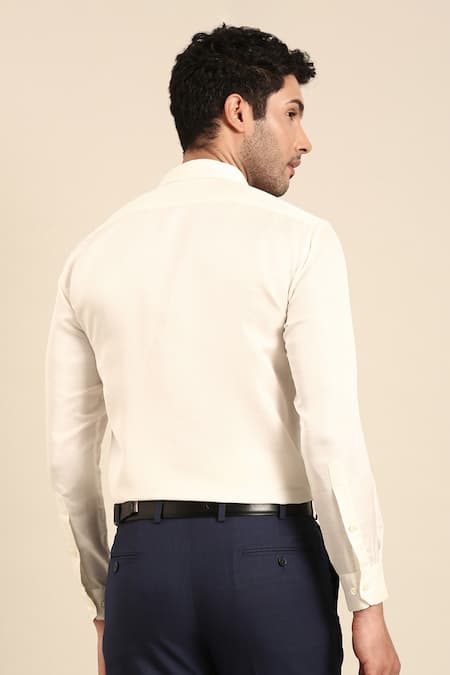 Shop Mayank Modi - Men Ivory Silk Solid Front Button Placket Shirt at Aza Fashions Shop_Mayank Modi - Men_Ivory Silk Solid Front Button Placket Shirt _at_Aza_Fashions