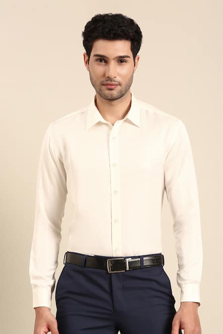 Mayank Modi - Men Ivory Silk Solid Front Button Placket Shirt Online at Aza Fashions Mayank Modi - Men_Ivory Silk Solid Front Button Placket Shirt _Online_at_Aza_Fashions