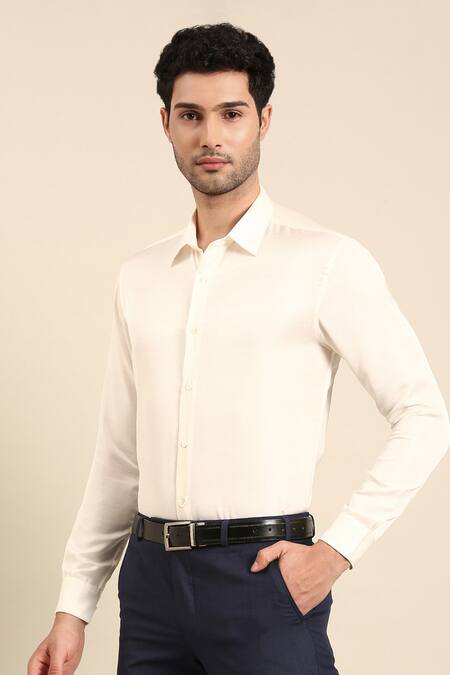 Shop Mayank Modi - Men Ivory Silk Solid Front Button Placket Shirt Online at Aza Fashions Shop_Mayank Modi - Men_Ivory Silk Solid Front Button Placket Shirt _Online_at_Aza_Fashions