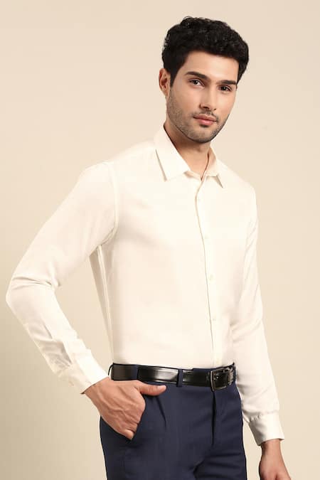 Mayank Modi - Men Ivory Silk Solid Front Button Placket Shirt at Aza Fashions Mayank Modi - Men_Ivory Silk Solid Front Button Placket Shirt _at_Aza_Fashions