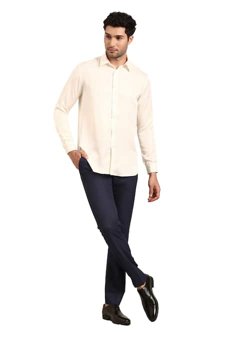 Buy Mayank Modi - Men Ivory Silk Solid Front Button Placket Shirt Buy_Mayank Modi - Men_Ivory Silk Solid Front Button Placket Shirt