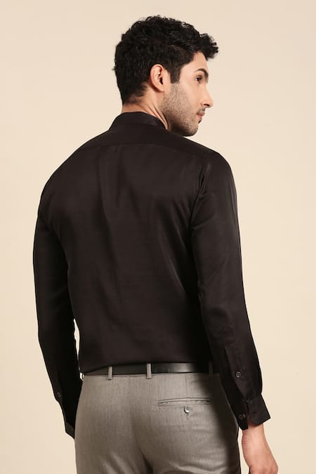 Shop Mayank Modi - Men Black Silk Solid Cuff Sleeve Shirt at Aza Fashions Shop_Mayank Modi - Men_Black Silk Solid Cuff Sleeve Shirt _at_Aza_Fashions