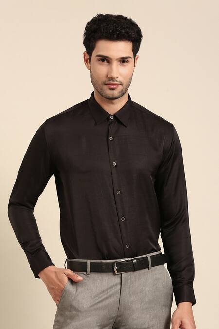 Mayank Modi - Men Black Silk Solid Cuff Sleeve Shirt Online at Aza Fashions Mayank Modi - Men_Black Silk Solid Cuff Sleeve Shirt _Online_at_Aza_Fashions
