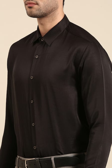 Buy Mayank Modi - Men Black Silk Solid Cuff Sleeve Shirt Online at Aza Fashions Buy_Mayank Modi - Men_Black Silk Solid Cuff Sleeve Shirt _Online_at_Aza_Fashions