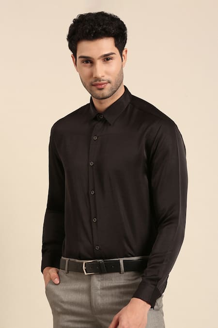 Shop Mayank Modi - Men Black Silk Solid Cuff Sleeve Shirt Online at Aza Fashions Shop_Mayank Modi - Men_Black Silk Solid Cuff Sleeve Shirt _Online_at_Aza_Fashions