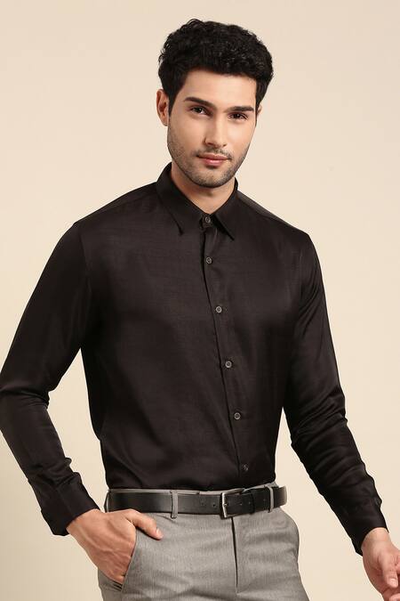Mayank Modi - Men Black Silk Solid Cuff Sleeve Shirt at Aza Fashions Mayank Modi - Men_Black Silk Solid Cuff Sleeve Shirt _at_Aza_Fashions