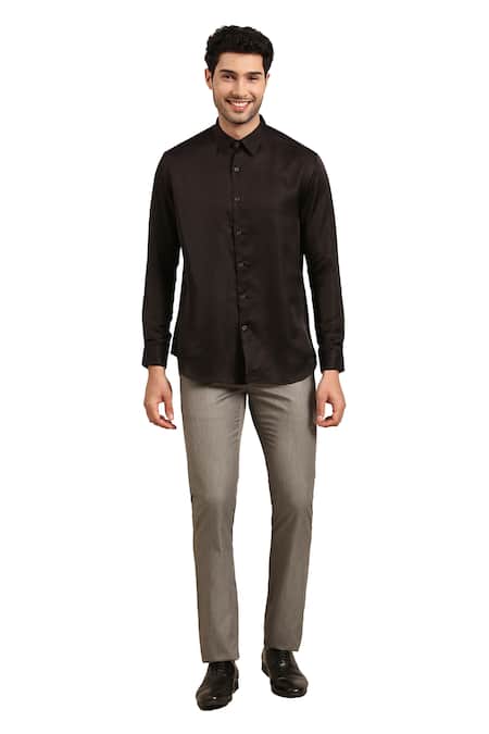 Shop Mayank Modi - Men Black Silk Solid Cuff Sleeve Shirt Shop_Mayank Modi - Men_Black Silk Solid Cuff Sleeve Shirt