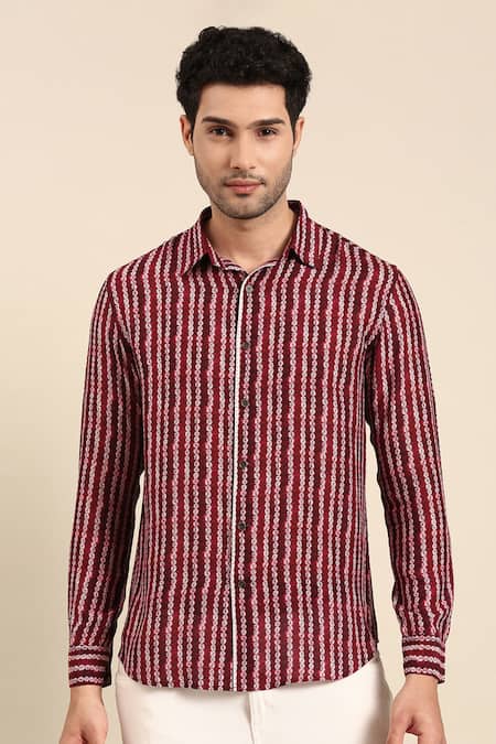 Mayank Modi - Men_Maroon Muslin Stripe Print Front Placket Shirt _Online_at_Aza_Fashions