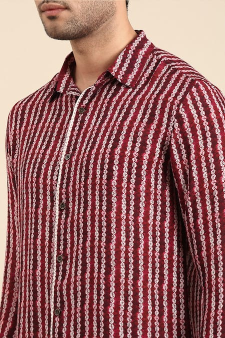 Buy_Mayank Modi - Men_Maroon Muslin Stripe Print Front Placket Shirt _Online_at_Aza_Fashions