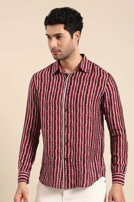 Shop_Mayank Modi - Men_Maroon Muslin Stripe Print Front Placket Shirt _Online_at_Aza_Fashions