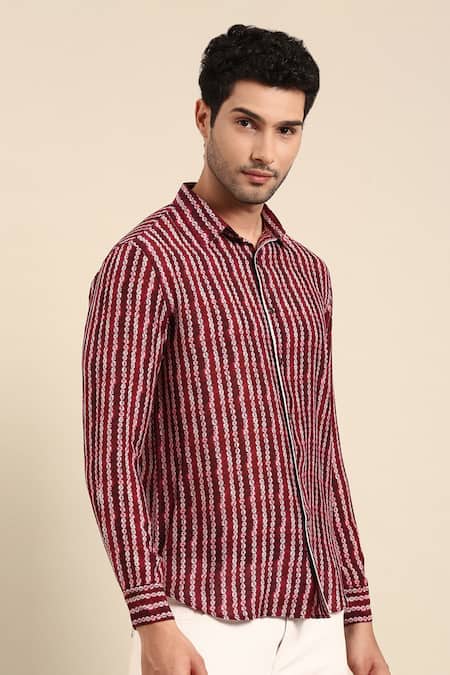 Mayank Modi - Men_Maroon Muslin Stripe Print Front Placket Shirt _at_Aza_Fashions