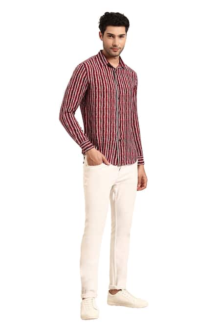 Buy_Mayank Modi - Men_Maroon Muslin Stripe Print Front Placket Shirt 
