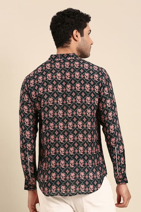 Shop Mayank Modi - Men Blue Muslin Geometric Print Front Placket Shirt at Aza Fashions Shop_Mayank Modi - Men_Blue Muslin Geometric Print Front Placket Shirt _at_Aza_Fashions