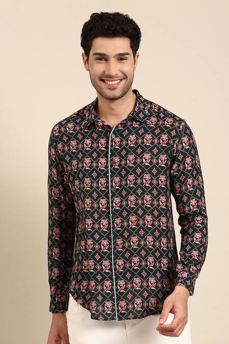 Mayank Modi - Men Blue Muslin Geometric Print Front Placket Shirt Online at Aza Fashions Mayank Modi - Men_Blue Muslin Geometric Print Front Placket Shirt _Online_at_Aza_Fashions