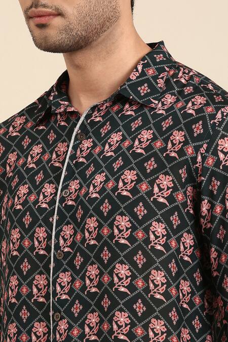 Buy Mayank Modi - Men Blue Muslin Geometric Print Front Placket Shirt Online at Aza Fashions Buy_Mayank Modi - Men_Blue Muslin Geometric Print Front Placket Shirt _Online_at_Aza_Fashions