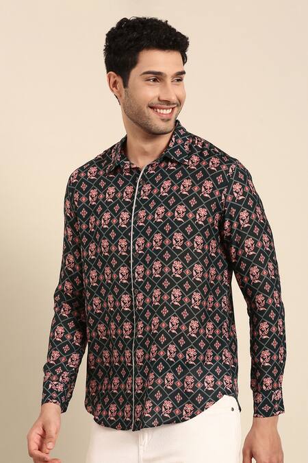 Shop Mayank Modi - Men Blue Muslin Geometric Print Front Placket Shirt Online at Aza Fashions Shop_Mayank Modi - Men_Blue Muslin Geometric Print Front Placket Shirt _Online_at_Aza_Fashions