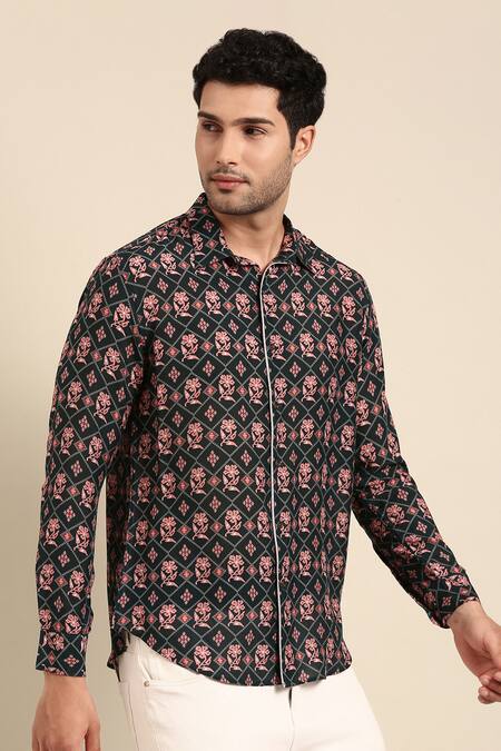 Mayank Modi - Men Blue Muslin Geometric Print Front Placket Shirt at Aza Fashions Mayank Modi - Men_Blue Muslin Geometric Print Front Placket Shirt _at_Aza_Fashions