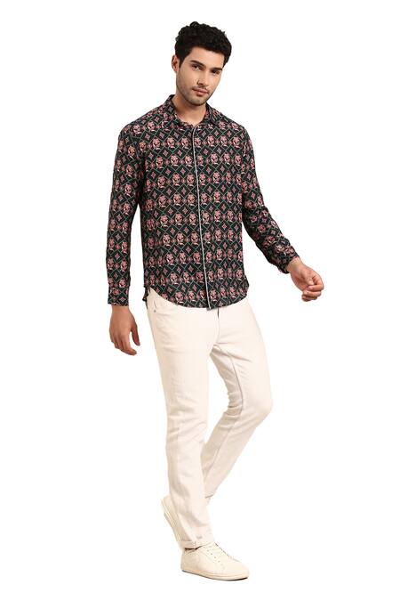 Buy Mayank Modi - Men Blue Muslin Geometric Print Front Placket Shirt Buy_Mayank Modi - Men_Blue Muslin Geometric Print Front Placket Shirt