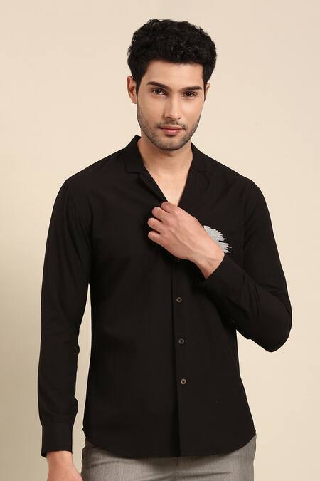 Mayank Modi - Men Black Cotton Embroidery Pocket Cuff Sleeve Shirt Online at Aza Fashions Mayank Modi - Men_Black Cotton Embroidery Pocket Cuff Sleeve Shirt _Online_at_Aza_Fashions