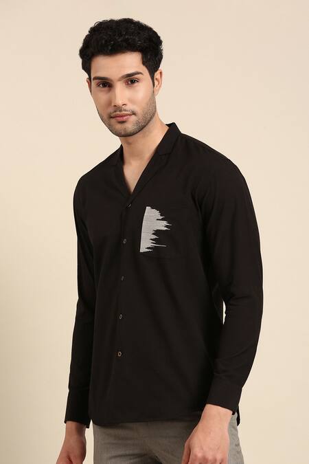 Shop Mayank Modi - Men Black Cotton Embroidery Pocket Cuff Sleeve Shirt Online at Aza Fashions Shop_Mayank Modi - Men_Black Cotton Embroidery Pocket Cuff Sleeve Shirt _Online_at_Aza_Fashions