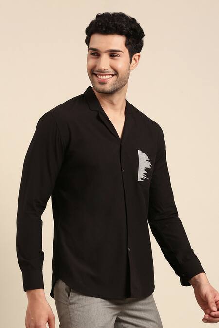 Mayank Modi - Men Black Cotton Embroidery Pocket Cuff Sleeve Shirt at Aza Fashions Mayank Modi - Men_Black Cotton Embroidery Pocket Cuff Sleeve Shirt _at_Aza_Fashions