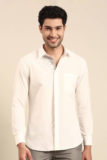 Mayank Modi - Men White Cotton Embroidery Front Placket Shirt Online at Aza Fashions Mayank Modi - Men_White Cotton Embroidery Front Placket Shirt _Online_at_Aza_Fashions