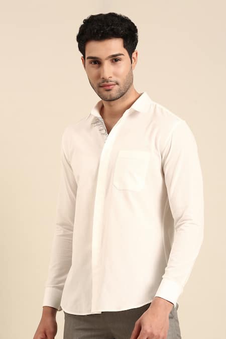 Shop Mayank Modi - Men White Cotton Embroidery Front Placket Shirt Online at Aza Fashions Shop_Mayank Modi - Men_White Cotton Embroidery Front Placket Shirt _Online_at_Aza_Fashions