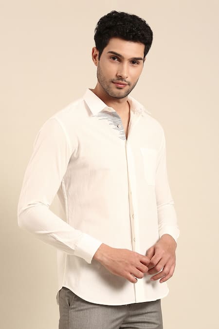 Mayank Modi - Men White Cotton Embroidery Front Placket Shirt at Aza Fashions Mayank Modi - Men_White Cotton Embroidery Front Placket Shirt _at_Aza_Fashions