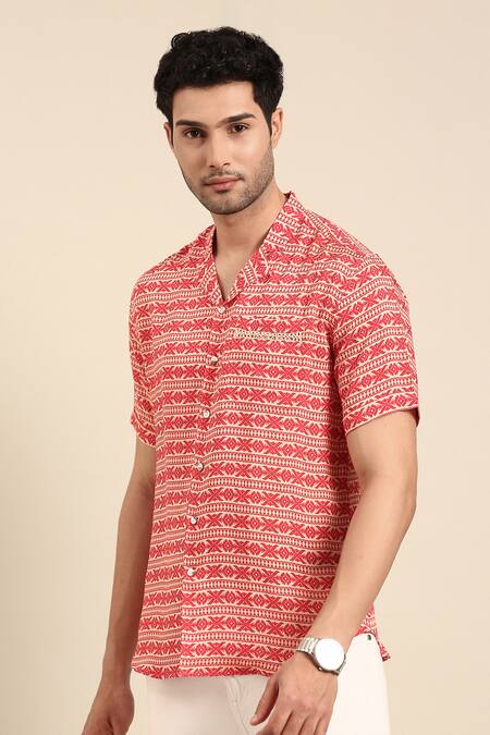 Shop_Mayank Modi - Men_Red Muslin Geometric Band Print Shirt _Online_at_Aza_Fashions