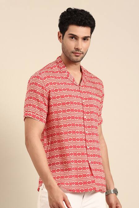 Mayank Modi - Men_Red Muslin Geometric Band Print Shirt _at_Aza_Fashions