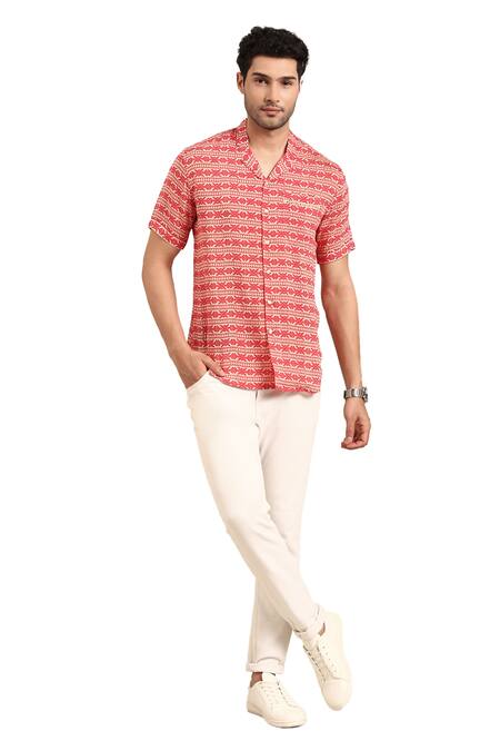 Buy_Mayank Modi - Men_Red Muslin Geometric Band Print Shirt 