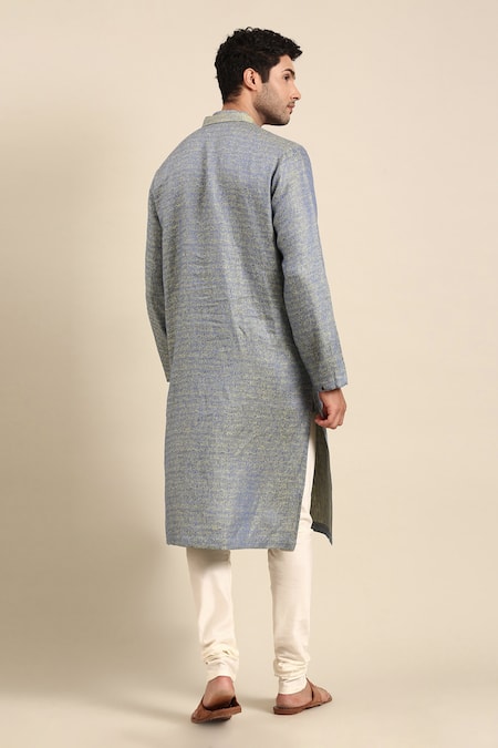Shop Mayank Modi - Men Blue Linen, Jacquard, Cotton Abstract Pattern Kurta Pant Set at Aza Fashions Shop_Mayank Modi - Men_Blue Linen, Jacquard, Cotton Abstract Pattern Kurta Pant Set _at_Aza_Fashions