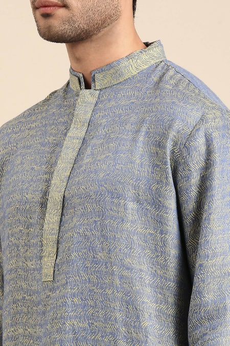 Shop Mayank Modi - Men Blue Linen, Jacquard, Cotton Abstract Pattern Kurta Pant Set Online at Aza Fashions Shop_Mayank Modi - Men_Blue Linen, Jacquard, Cotton Abstract Pattern Kurta Pant Set _Online_at_Aza_Fashions
