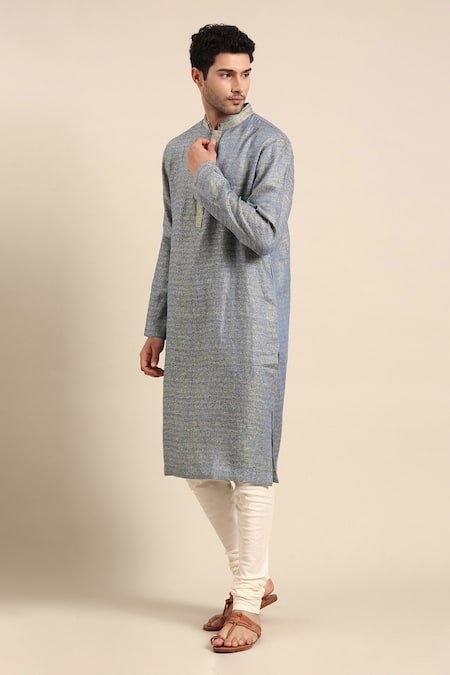 Mayank Modi - Men Blue Linen, Jacquard, Cotton Abstract Pattern Kurta Pant Set at Aza Fashions Mayank Modi - Men_Blue Linen, Jacquard, Cotton Abstract Pattern Kurta Pant Set _at_Aza_Fashions