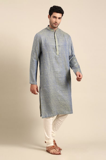 Buy Mayank Modi - Men Blue Linen, Jacquard, Cotton Abstract Pattern Kurta Pant Set Buy_Mayank Modi - Men_Blue Linen, Jacquard, Cotton Abstract Pattern Kurta Pant Set