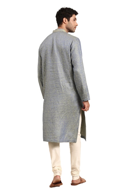 Shop Mayank Modi - Men Blue Linen, Jacquard, Cotton Abstract Pattern Kurta Pant Set Shop_Mayank Modi - Men_Blue Linen, Jacquard, Cotton Abstract Pattern Kurta Pant Set