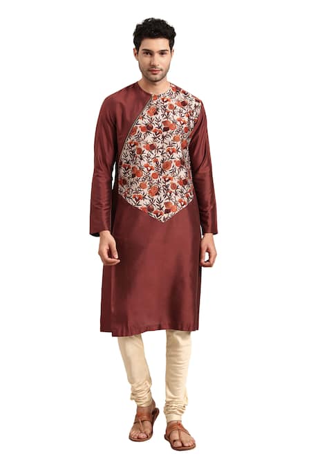 Mayank Modi - Men Brown Silk, Cotton, Chanderi Embroidery Pomegranate Print Kurta With Pant Online at Aza Fashions Mayank Modi - Men_Brown Silk, Cotton, Chanderi Embroidery Pomegranate Print Kurta With Pant _Online_at_Aza_Fashions