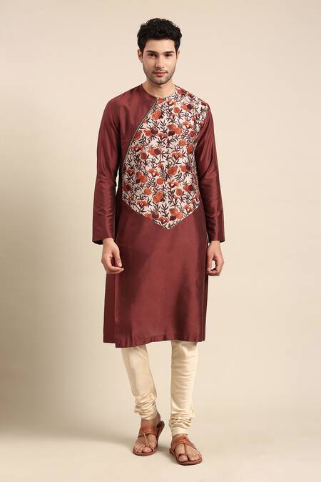 Buy Mayank Modi - Men Brown Silk, Cotton, Chanderi Embroidery Pomegranate Print Kurta With Pant Online at Aza Fashions Buy_Mayank Modi - Men_Brown Silk, Cotton, Chanderi Embroidery Pomegranate Print Kurta With Pant _Online_at_Aza_Fashions