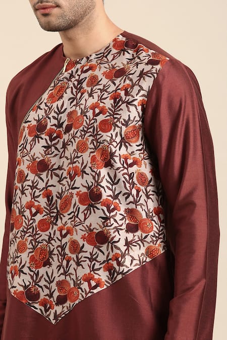 Shop Mayank Modi - Men Brown Silk, Cotton, Chanderi Embroidery Pomegranate Print Kurta With Pant Online at Aza Fashions Shop_Mayank Modi - Men_Brown Silk, Cotton, Chanderi Embroidery Pomegranate Print Kurta With Pant _Online_at_Aza_Fashions