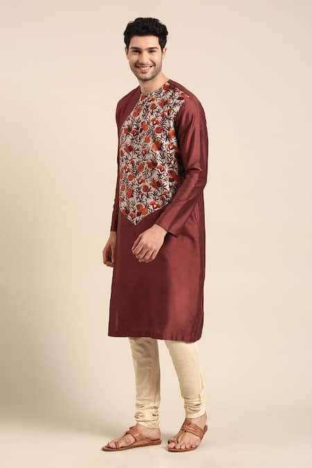 Mayank Modi - Men Brown Silk, Cotton, Chanderi Embroidery Pomegranate Print Kurta With Pant at Aza Fashions Mayank Modi - Men_Brown Silk, Cotton, Chanderi Embroidery Pomegranate Print Kurta With Pant _at_Aza_Fashions