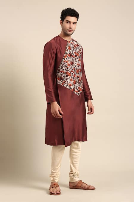 Buy Mayank Modi - Men Brown Silk, Cotton, Chanderi Embroidery Pomegranate Print Kurta With Pant Buy_Mayank Modi - Men_Brown Silk, Cotton, Chanderi Embroidery Pomegranate Print Kurta With Pant