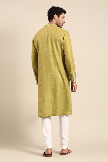 Shop Mayank Modi - Men Green Linen, Cotton Embroidery Placket Kurta With Pant at Aza Fashions Shop_Mayank Modi - Men_Green Linen, Cotton Embroidery Placket Kurta With Pant _at_Aza_Fashions