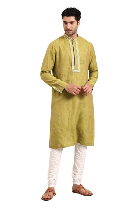 Mayank Modi - Men Green Linen, Cotton Embroidery Placket Kurta With Pant Online at Aza Fashions Mayank Modi - Men_Green Linen, Cotton Embroidery Placket Kurta With Pant _Online_at_Aza_Fashions